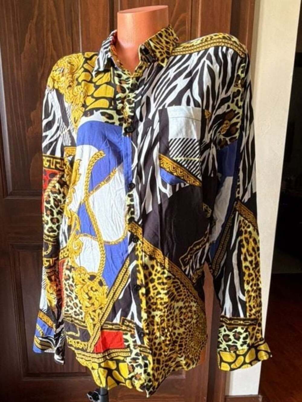 Reason Clothing Baroque Animal Print Button-Down Long Sleeve Shirt, Large